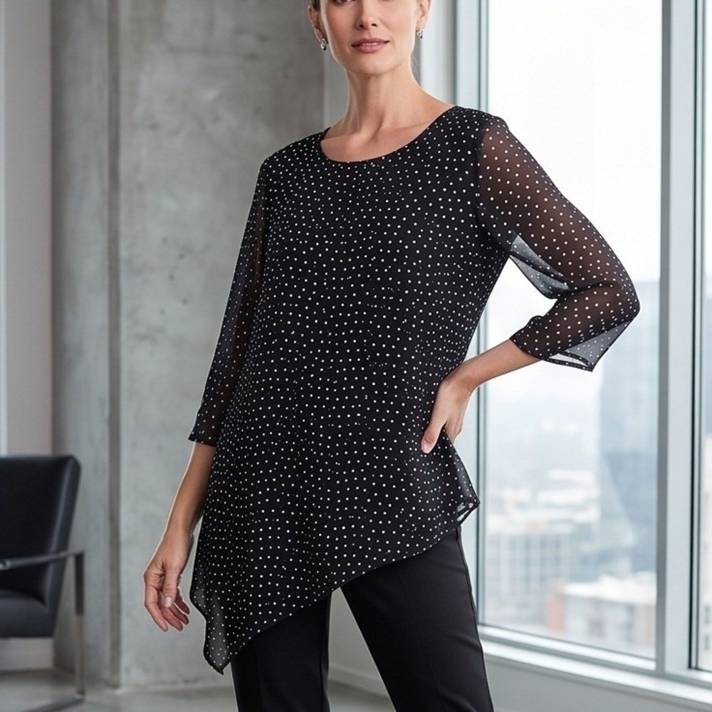 Travelers by Chico's 3 Black Polka Dot Asymmetrical Tunic Blouse Size XL NWOT‎